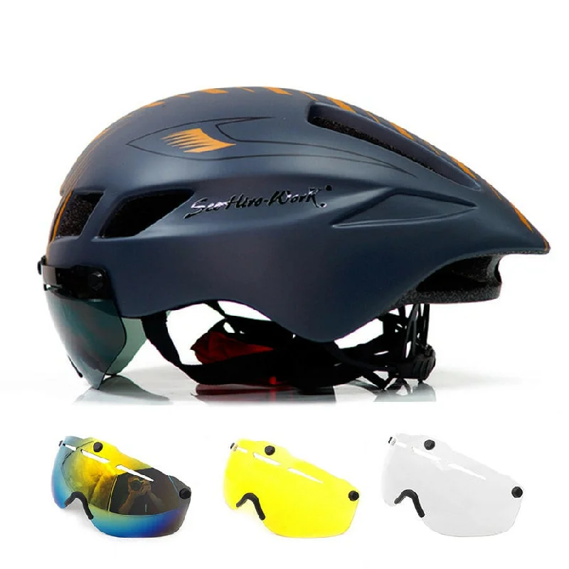 New Bicycle Helmet With Glasses 4 Lens Colors Ultralight MTB Road Bike Helmet 57-61cm Adults Goggleses Casco Ciclismo Black Blue