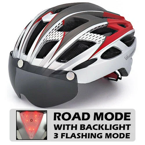 VICTGOAL Cycling Helmet for Men Magnetic Goggles Lens Sun Visor Rear LED Tail Light Bicycle Safety Scooter MTB Road Bike Helmets