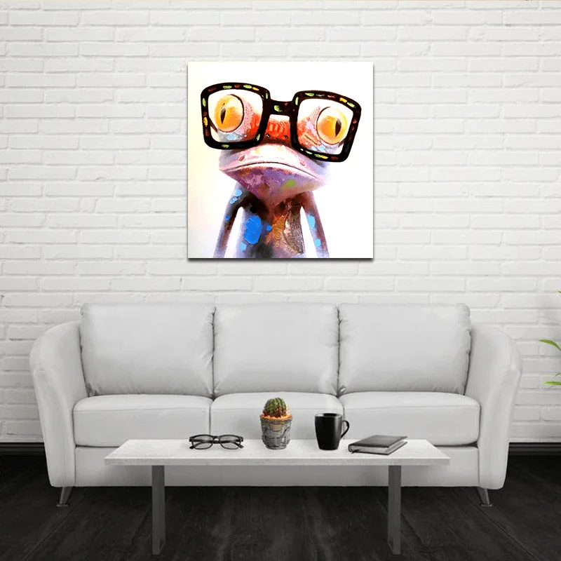 Miico Hand Painted Oil Paintings Animal Modern Art Happy Frog with Glasses on Canvas Wall Art for Home Decoration 20X20Cm