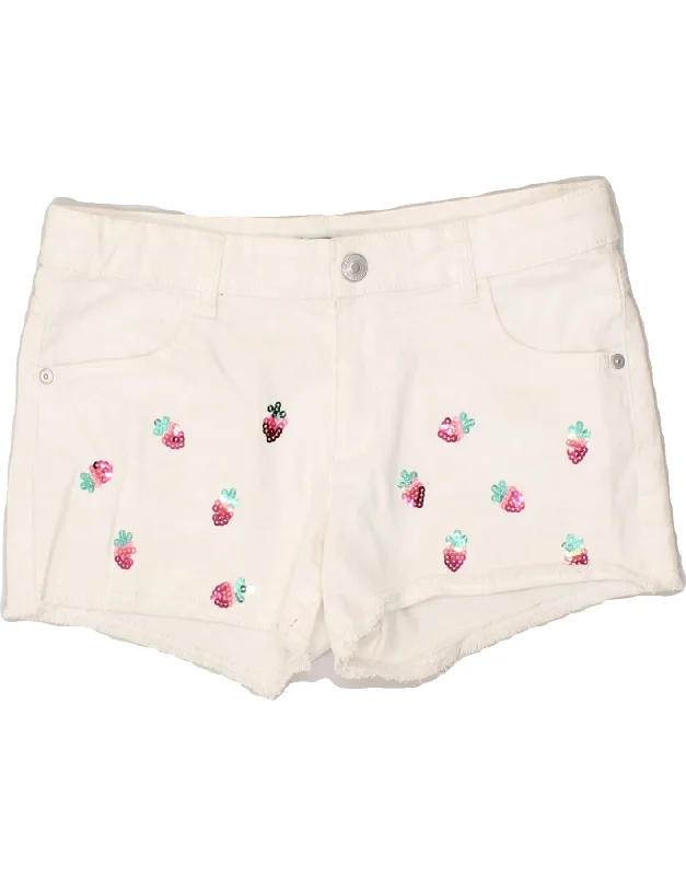 BENETTON Girls Graphic Denim Shorts 11-12 Years 2XL W29 White Cotton