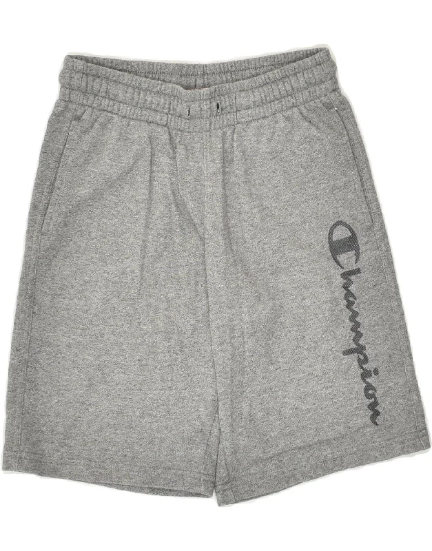 CHAMPION Boys Graphic Sport Shorts 9-10 Years Medium Grey Flecked Cotton